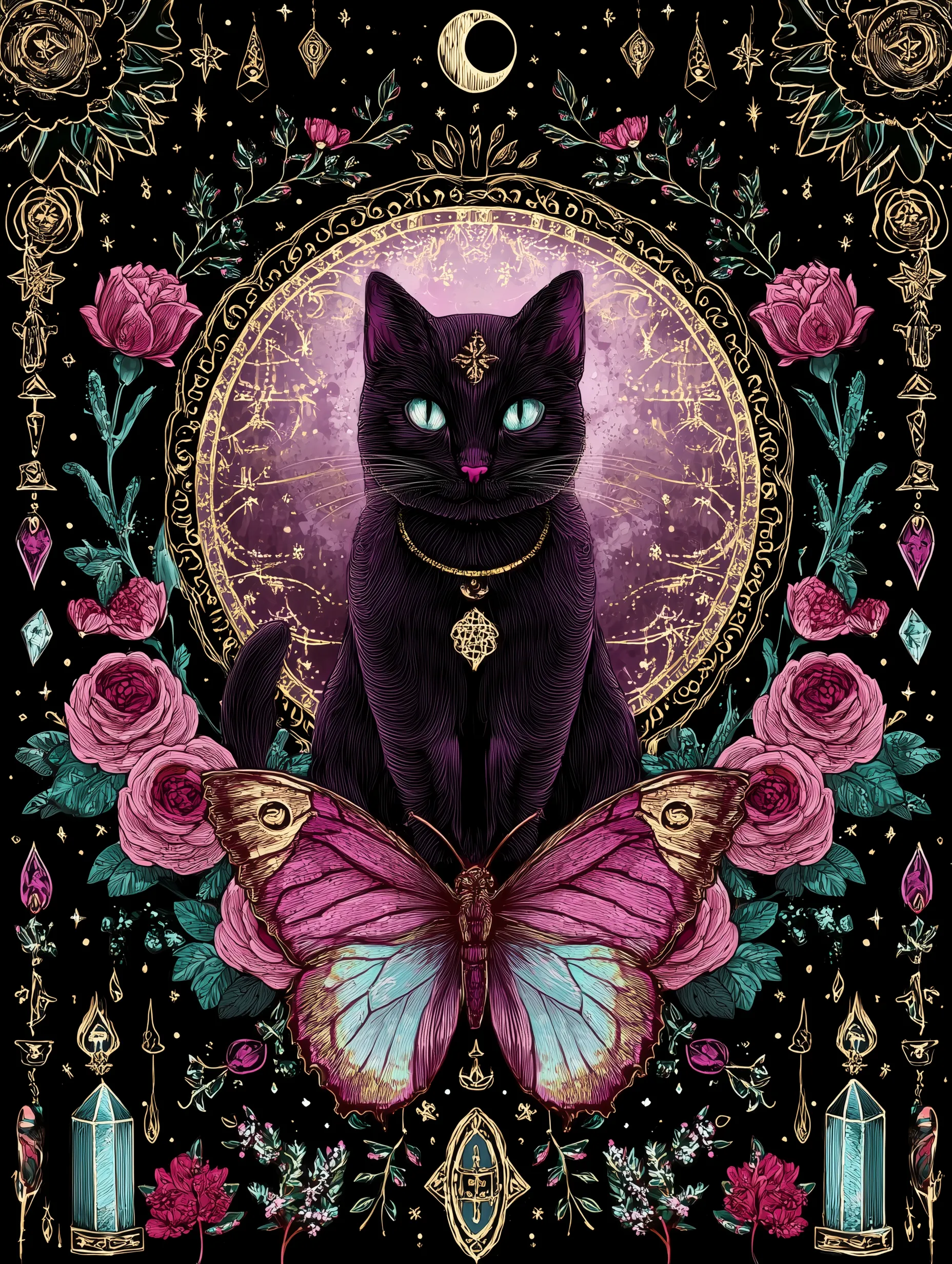 A celestial black cat with luminous teal eyes, crowned by an astrological wheel, framed by roses, candles, crystals, and an iridescent butterfly.